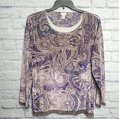 #ad Chicos XL 3 Tunic Top Velvet Paisley Purple Studded Metallic Accent Pullover $22.15