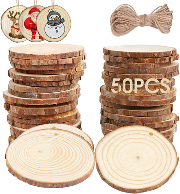 #ad 50pcs Hanging Wood Slices 50pcs Twines Unfinished Natural Round Wood Slices $25.51