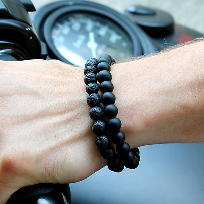 #ad 2Pcs Men Women 8MM Black Onyx Lava Stone Yoga Mala Beaded Charm Wrist Bracelets $7.99