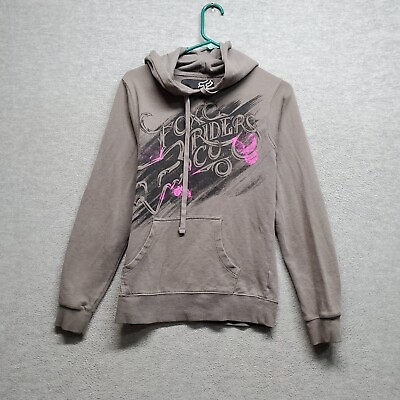 #ad Fox Women Sweatshirt Large Gray Fitted Hoodie Riders Graphic Pink Details $17.44