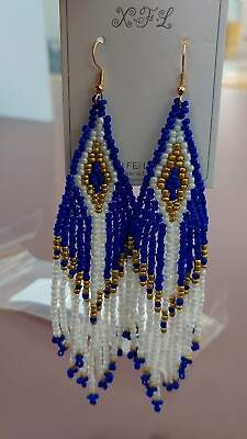 #ad Blue White Bohemian Seed Bead Earrings $15.99