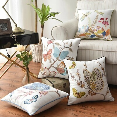 #ad Cotton Embroidery Cushion Cover Pillow case Throw Cover Floral Butterfly Style $17.89