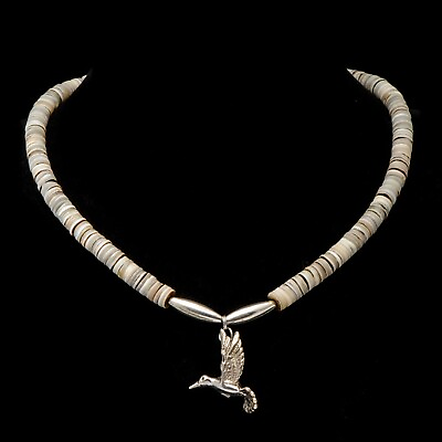 #ad Lovely Natural Sterling Silver Heist Shell Bird Pendant Necklace K167 $37.95
