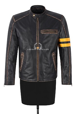 #ad Men#x27;s Thick Cowhide Vintage Leather Jacket Cafe Racer Biker Riding Style Jacket GBP 119.99