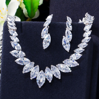 #ad Marquise Cut Cubic Zircon Wedding Necklace Earrings Set Bridal White CZ Jewelry GBP 20.38