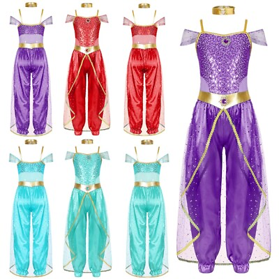 #ad US Kids Girls Arabian Princess Costume Halloween Carnival Cosplay Jumpsuit Set $13.99
