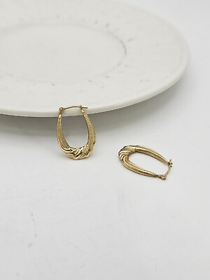 #ad 14K Yellow Gold Oval Puff Hoop Earrings Vintage Signed Bolivia 1.0g Pierced $85.00