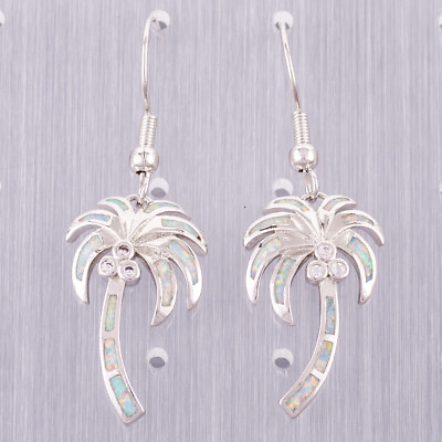 #ad White Fire Opal Palm Tree CZ Silver Jewelry Women Dangle Drop Earrings $6.99