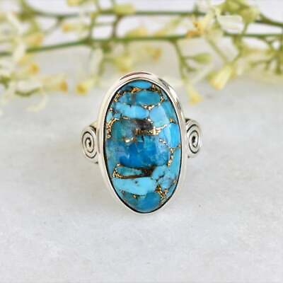 #ad 925 Sterling Silver Blue Copper Turquoise Oval Shape Handmade GENUINE Ring $13.07
