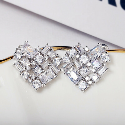 #ad Women Heart Shape Stud Earring Cubic Zircon Jewelry Cute 925 Silver Earring C $3.80