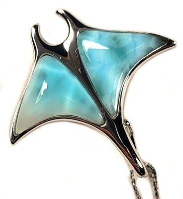#ad Larimar Manta Ray Pendant in Sterling Silver 925 18quot; Silver Necklace Chain $37.56