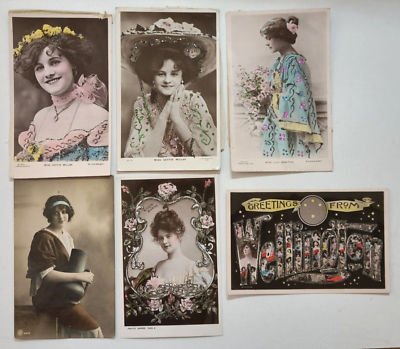 #ad 1900s Antique Lot of 6 Glittered Beautiful Ladies Hand tinted RPPC Postcards $39.00