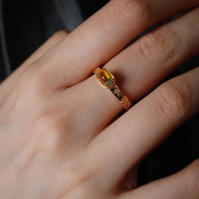 #ad The Golden Age Ornamental Filigree Mexican Fire Opal Engagement Ring 18K Gold $1167.47