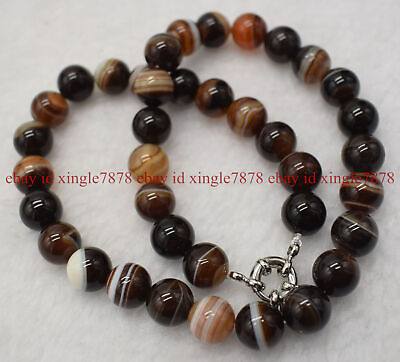 #ad Natural 10mm Brown White Striped Agate Gemstone Round Beads Necklace 18 50quot; AAA $8.99