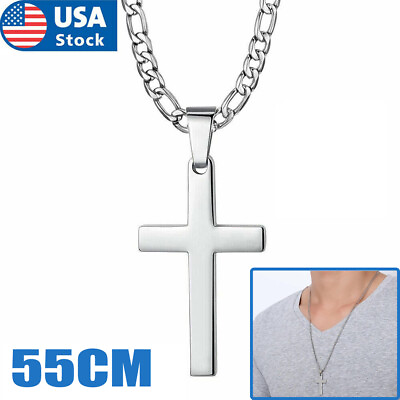 Men#x27;s Cross Pendant Necklace Silver Chain Stainless Steel Figaro Necklace 21quot; $9.99
