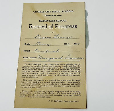 #ad 1937 1938 Charles City Public School Iowa Report Card Record Of Progress 4th $5.95