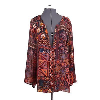 #ad Chicos Silk Chiffon Tunic Blouse Multi Oriental Boho Flowy sz 2 L Long Sleeves $35.50
