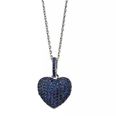 #ad 0.25CT Lab Created Blue Sapphire 925 Sterling Silver Pave Heart Pendant Necklace $69.99