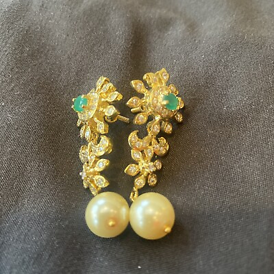 #ad 18k on4k gold Statement Earrings Dangler Chandelier Real 750 Emerald Pearl $199.99