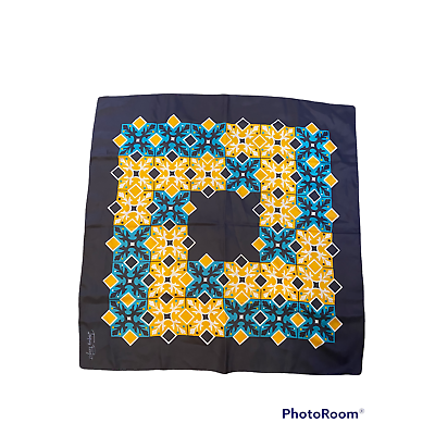 #ad Vintage Jacques Piaget Silk Scarlette Geometric Blue Gold $35.00