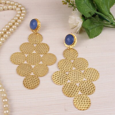 #ad Multi Connected Circle Earrings Gold Plated Brass Chandelier Gemstone Earrings $29.99
