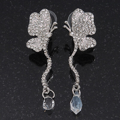 #ad Delicate Clear Crystal Butterfly Drop Earrings 5.5cm Length GBP 13.25