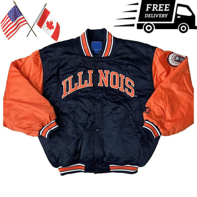 #ad Illinois Fighting Illini 90s Satin Black and Orange Full Snap Varsity Jacket $97.99