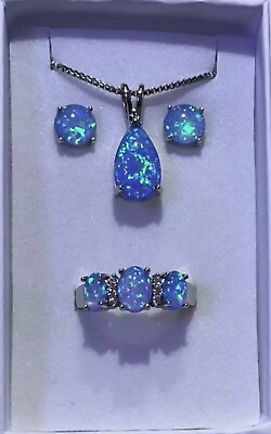 #ad Elegant Ocean Blue Fire Opal Teardrop Necklace Earrings amp; Ring Size 8 Set $19.99