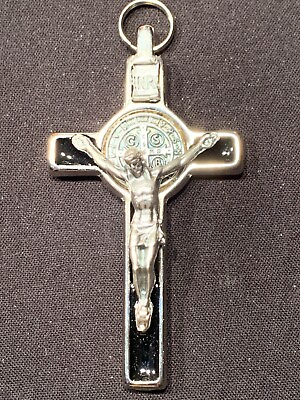 #ad St. Benedict Cross Pendant Black Enamel Silver Tone Catholic Religious Vintage $15.99