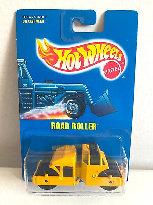 #ad Hot Wheels ROAD ROLLER #55 Yellow Black Rollers Blue Card Construction $7.50