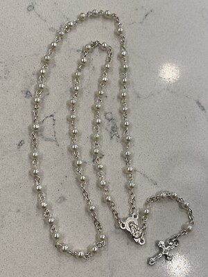 #ad Vintage Rosary Silver Tone Crucifix Faux Pearl Catholic Necklace Religious 14” $25.00