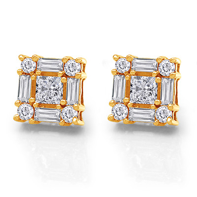 #ad Princess Baguette amp; Round Cluster Stud Earrings 14K Solid Yellow Gold 1.50 CT $413.99