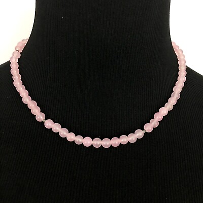#ad ROSE QUARTZ sterling vintage round bead necklace pale pink stone choker 17quot; $25.00