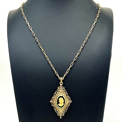 #ad Vintage Gold Tone CAMEO Necklace on Diamond Shaped Pendant $33.15