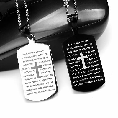 #ad Mens Stainless Steel Cross Crucifix Bible Text Prayer Tag Pendant Necklace Chain $7.05