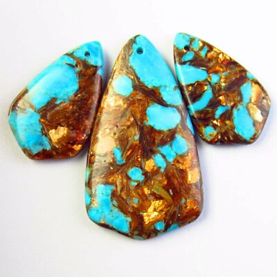 #ad 3pcs Blue Turquoise Gold Copper Bornite Shield Pendant Bead 50x28 32x20x6mm A63 $10.78
