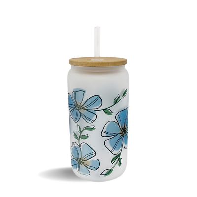 #ad Blue Flower Frosted Glass Can 16oz or 20oz Bamboo lid with clear plastic $20.99