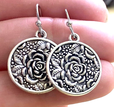 #ad Antique Silver Tone Boho Rose Flower Floral 1 1 8quot;L Round Dangle Earrings New $3.99