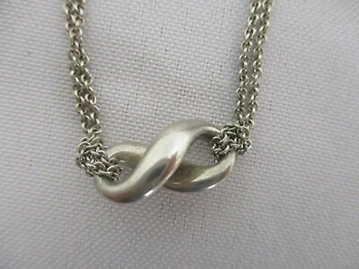 #ad SIGNED TIFFANY amp; CO STERLING SILVER 15.5quot; INFINITY PENDANT DOUBLE CHAIN NECKLACE $150.00