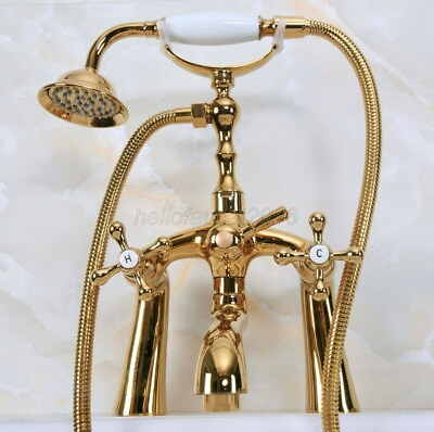 #ad Gold Brass Telephone Design Deck Mount Clawfoot Tub Faucet with Hand Shower $103.49