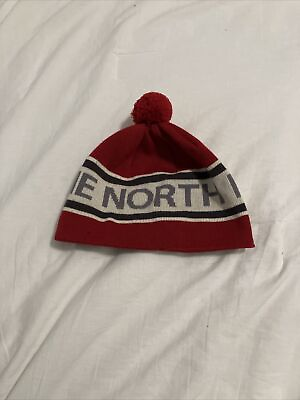 #ad North Face Pom Pom Beanie Red White And Gray $9.00