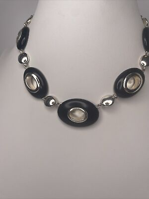 #ad Liz amp; Co Necklace Vintage Jewelry Silver Tone Black Acrylic Art Deco Oval Bead $18.00