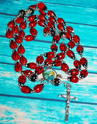 #ad Catholic Steel Rosary Ceramic Ladybug Devotional 29quot; Long Centerpiece Lady of Gr $29.99