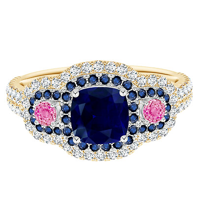 #ad Round Blue Sapphire amp; Pink Cz Three Stone Double Halo Ring 14k Yellow Gold C $666.57