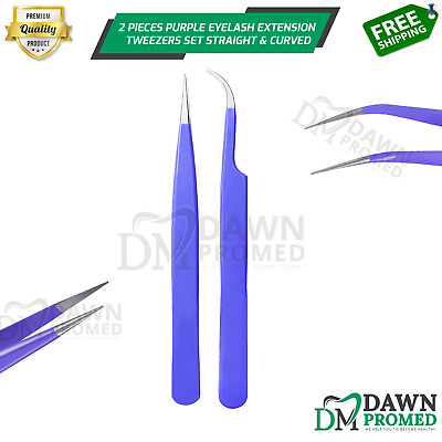 #ad 2 Pcs Purple Eyelash Extension Tweezers Set Straight amp; Curved German Grade $6.90