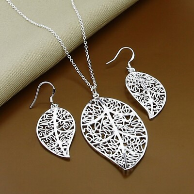 #ad 925 Silver Filled Fashion Tree Leaf Pendant Necklace Earrings Sets Jewelry Set $2.91