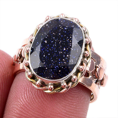 #ad Natural Blue Sunstone Gemstone 925 Solid Silver Jewelry Two Tone Ring S.7US R784 $13.45