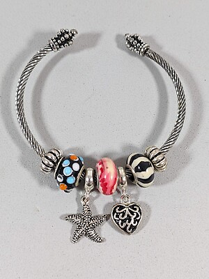 #ad Beachy Starfish Heart Charm Glass Slide Charm Blue Black Open Cuff Bracelet 8 in $5.59