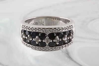 #ad STERLING F BLACK MARCASITE STONES amp; CLEAR CRYSTALS BAND RING 925 SIGNED 5023 $35.00