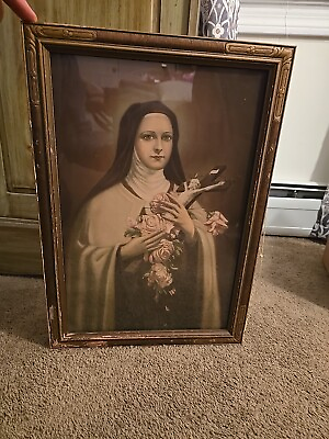 #ad Vintage Framed Saint Therese of Lisieux with Roses amp; Crucifix 20quot; X 14quot; $95.00
